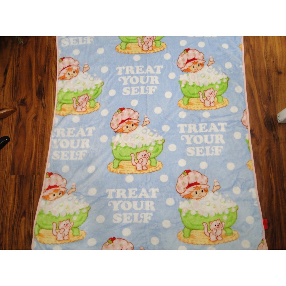 Strawberry Shortcake Treat Your Self Plush Throw Blanket Blue Polka Dot Fleece
